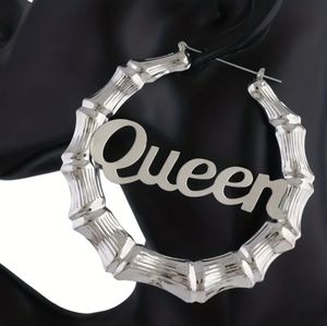 Large Silver Queen Bamboo Hoop Earrings